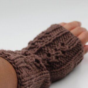 Handmade Hand Knit Cables and Lace Brown Taupe Acrylic Wrist Warmers